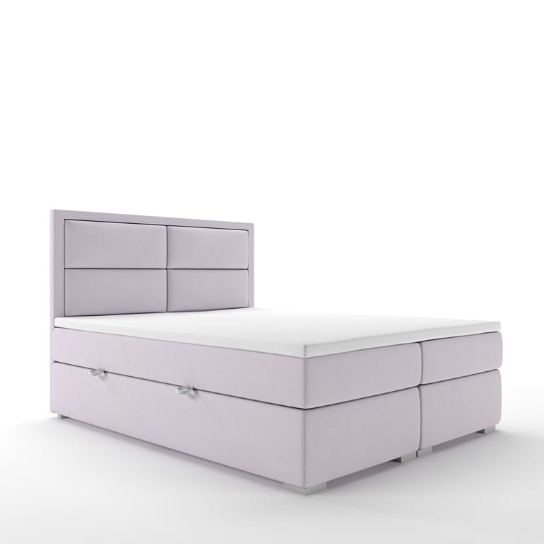 Hellviolettes Boxspringbett mit rechteckig gestepptem Kopfteil, freigestellt auf weiß.