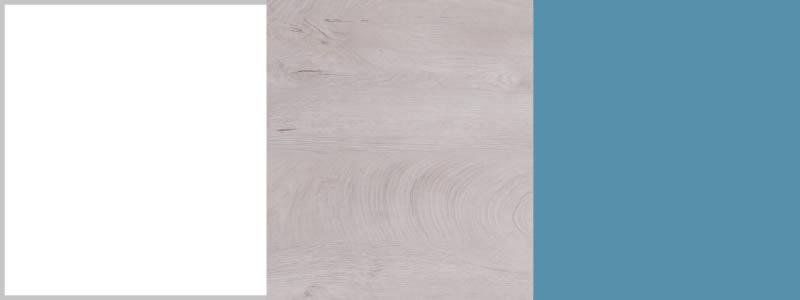 Farbpalette für Möbel: Weiß, helles Holz und Blau als Design-Kombination.