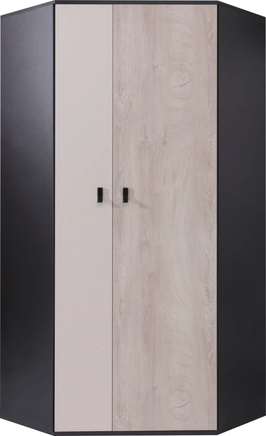 Geschlossener Eckkleiderschrank in Schwarz mit Türen in Grau und heller Holzoptik.