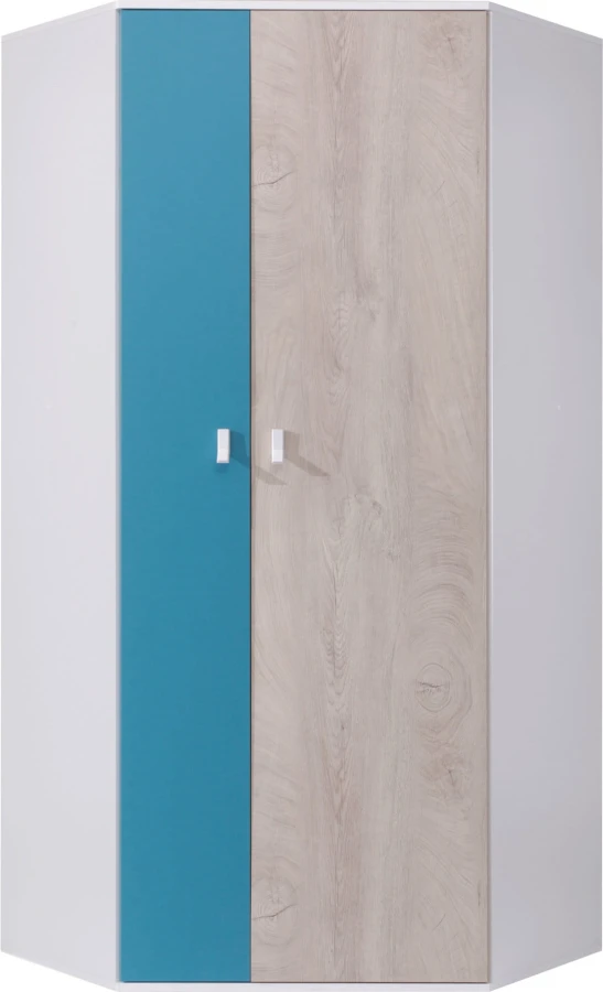 Moderner Eckkleiderschrank in Weiß, Blau und Eiche-Optik für das Jugendzimmer.