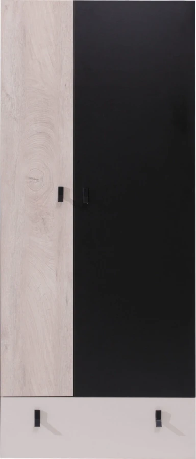 Moderner zweitüriger Kleiderschrank in Eiche-Optik und Schwarz mit Schublade.