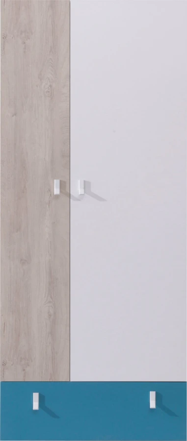 Stilvoller Schrank in Eiche-Optik und Weiß mit kontrastreicher blauer Schublade.