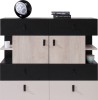 Modernes Sideboard in Schwarz, Weiß und Eiche-Optik mit viel Stauraum.