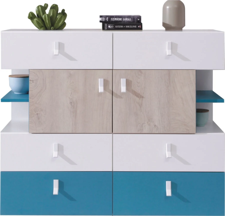 Moderne Kommode in Weiß, Eiche und Blau mit viel Stauraum für das Kinderzimmer.
