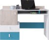Weißer Schreibtisch mit blauen Akzenten und Eichenoptik für das Jugendzimmer.