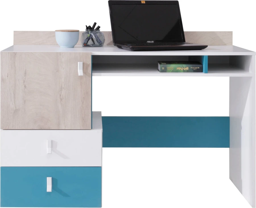Weißer Schreibtisch mit blauen Akzenten und Eichenoptik für das Jugendzimmer.