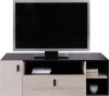 Modernes TV-Lowboard in Schwarz und Eiche-Optik mit Stauraum.