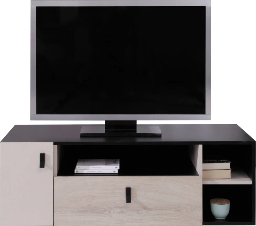 Modernes TV-Lowboard in Schwarz und Eiche-Optik mit Stauraum.