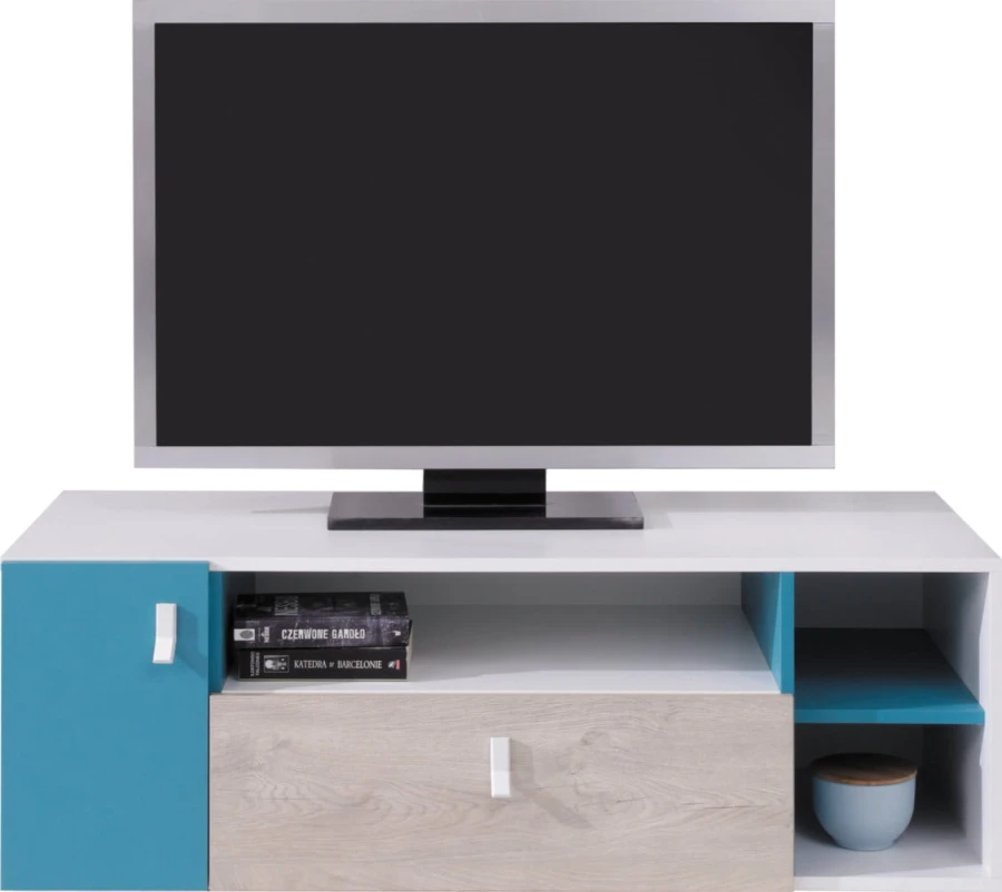 Stilvoller TV-Unterschrank in Weiß, Blau und hellem Holzdekor.