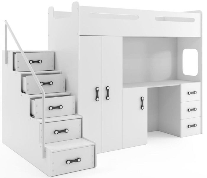 Weißes Multifunktions-Hochbett mit Treppenschubladen, Kleiderschrank und Schreibtisch.
