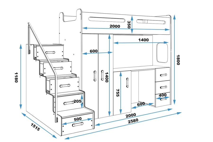 Technische Zeichnung mit genauen Maßen für das multifunktionale Hochbett mit Schreibtisch und Schrank.
