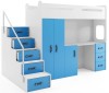 Modernes Hochbett in Blau und Weiß mit integriertem Arbeitsplatz und Treppe für das Kinderzimmer.