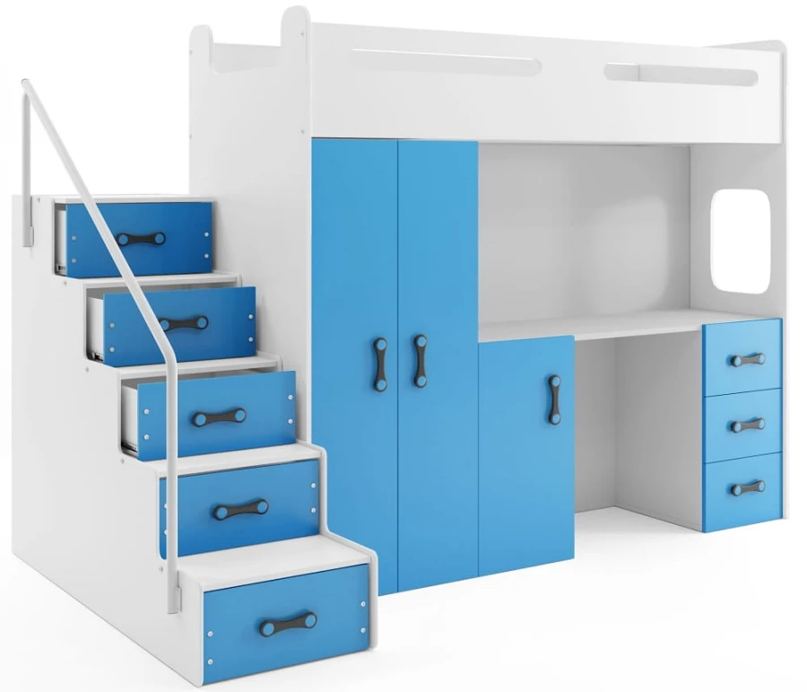 Modernes Hochbett in Blau und Weiß mit integriertem Arbeitsplatz und Treppe für das Kinderzimmer.