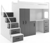Weiß-graues Kinderhochbett mit Schreibtisch, Kleiderschrank und Treppenstufen.
