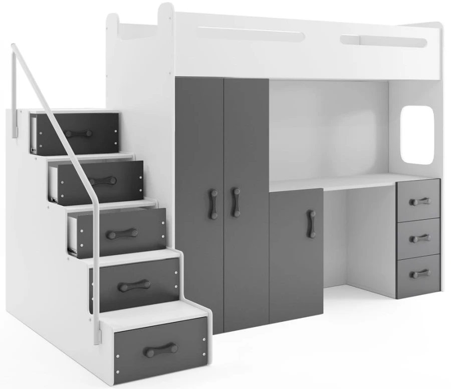 Weiß-graues Kinderhochbett mit Schreibtisch, Kleiderschrank und Treppenstufen.