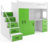 Weiß-grünes Hochbett mit integriertem Schreibtisch, Kleiderschrank und Treppe.