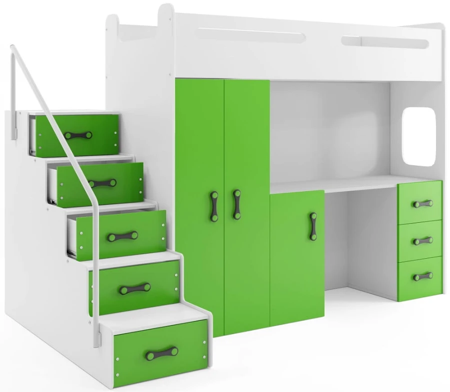 Weiß-grünes Hochbett mit integriertem Schreibtisch, Kleiderschrank und Treppe.