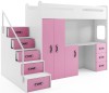 Weiß-rosa Hochbett mit Schreibtisch, Kleiderschrank und Treppe mit Schubladen.