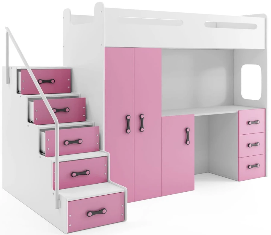 Weiß-rosa Hochbett mit Schreibtisch, Kleiderschrank und Treppe mit Schubladen.