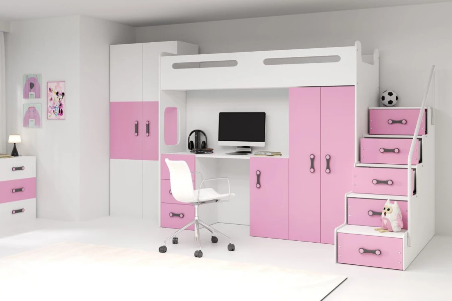 Modernes Hochbett in Pink und Weiß mit Schreibtisch und Kleiderschrank für das Mädchenzimmer.