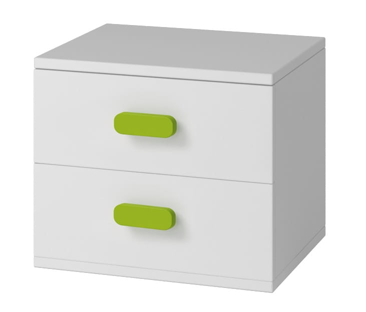Weißer Nachttisch mit zwei Schubladen und markanten hellgrünen Griffen für Schlafzimmer.