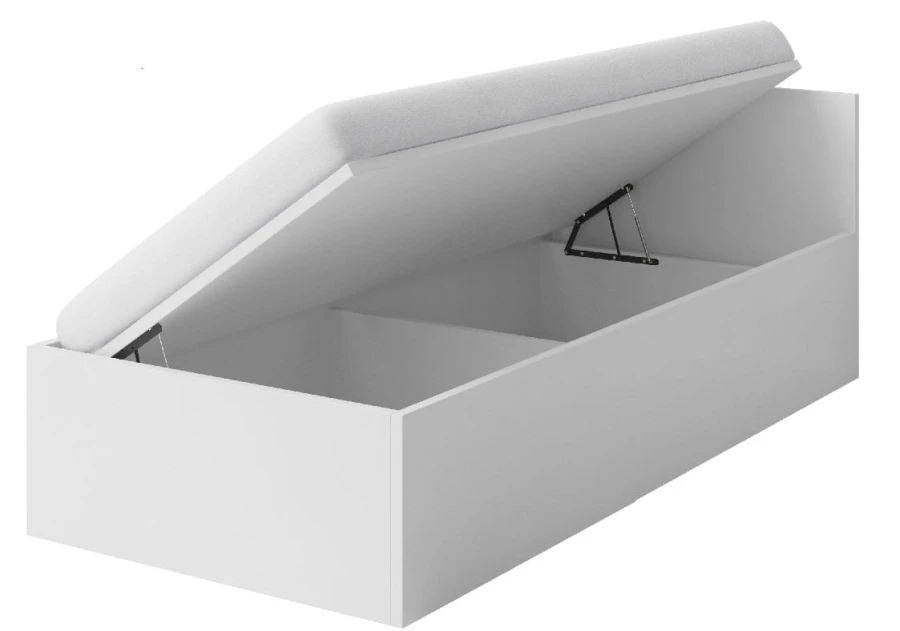 Modernes weißes Bett mit hochgeklapptem Lattenrost und Bettkasten