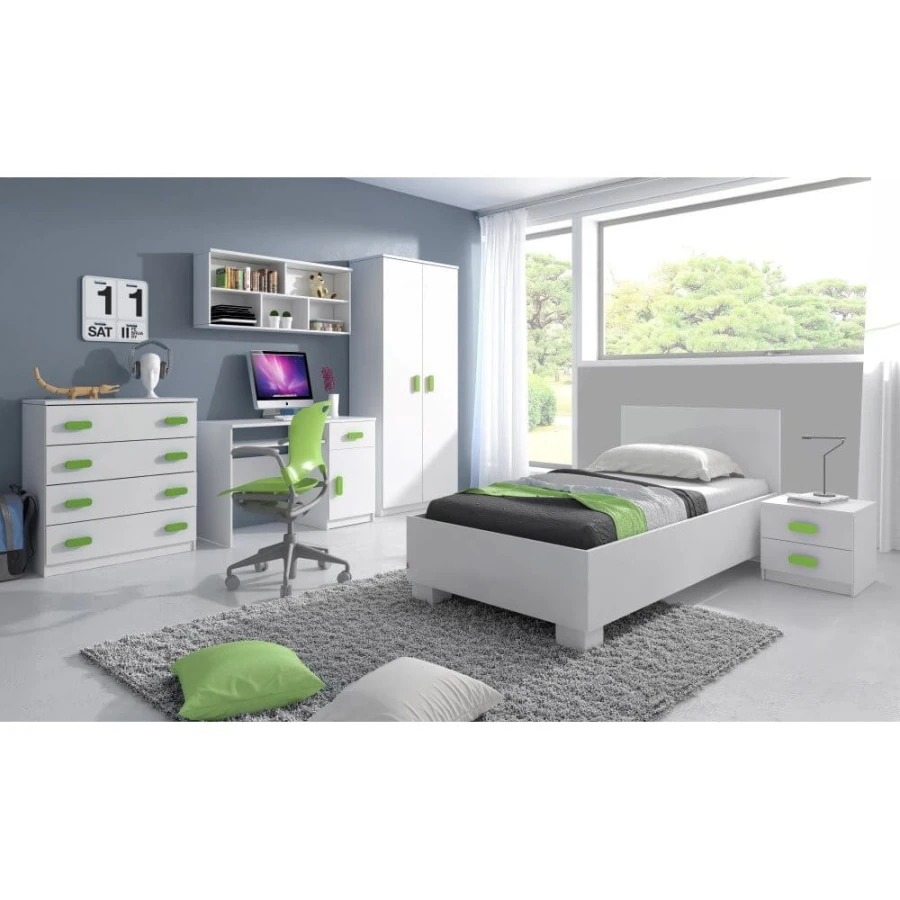 Weißes Jugendzimmer-Set mit grünen Akzenten, Kleiderschrank und Bett.