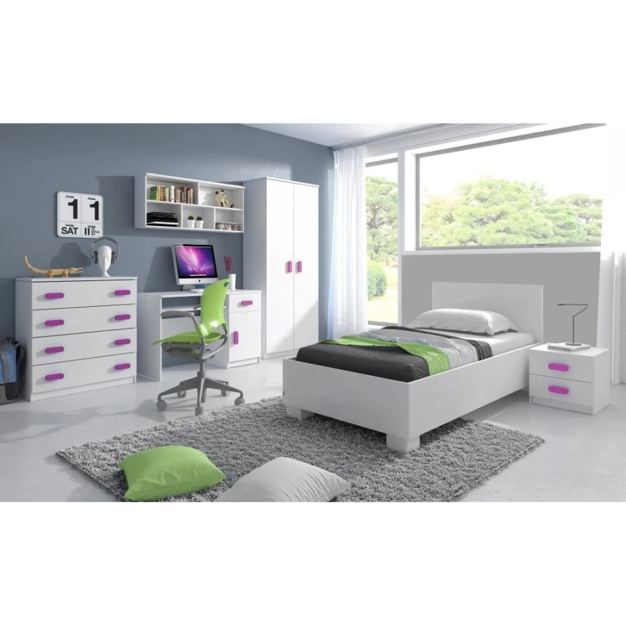 Stilvolles Jugendzimmer-Set in Weiß und Pink mit Bett und Schreibtisch.