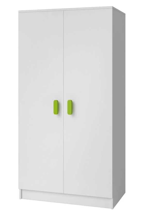 Zweitüriger weißer Kleiderschrank mit auffälligen grünen Griffen für das Kinderzimmer.