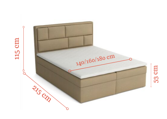 Detaillierte Maße des Boxspringbettes: Höhe 115 cm, Sitzhöhe 53 cm, Länge 215 cm.