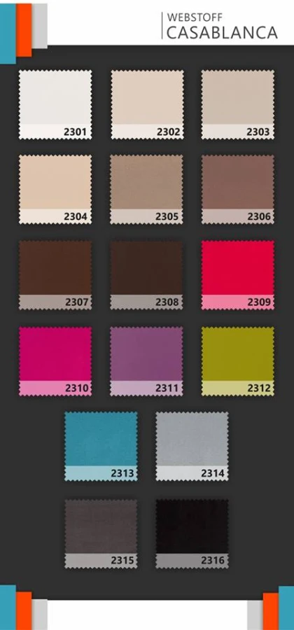 Farbpalette für Webstoff Casablanca mit verschiedenen Stoffmustern von hellbeige bis schwarz.