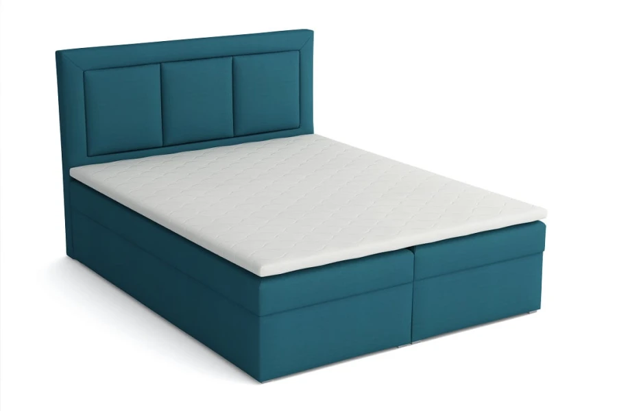 Türkises Boxspringbett mit weißer Topper-Matratze auf weißem Hintergrund