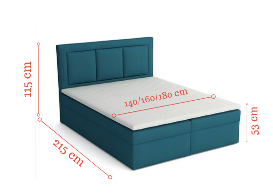 Maßangaben für Boxspringbett: 115 cm Höhe, 215 cm Länge, 53 cm Liegehöhe
