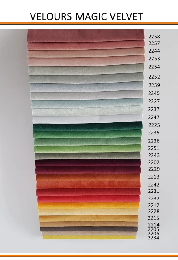 Velours Magic Velvet Samtstoff Farbauswahl in warmen Rot-, Gelb- und Grüntönen.