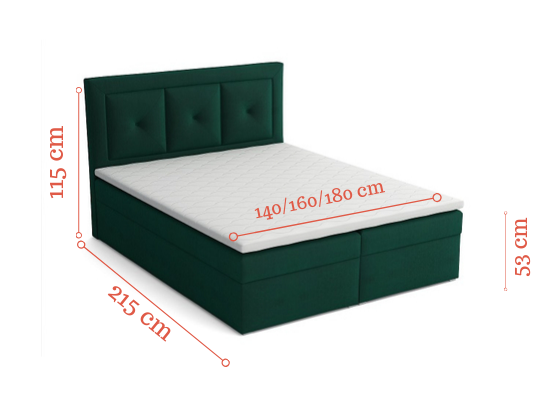 Detaillierte Maße für das Boxspringbett: 115 cm Höhe, 215 cm Länge, 53 cm Liegehöhe.