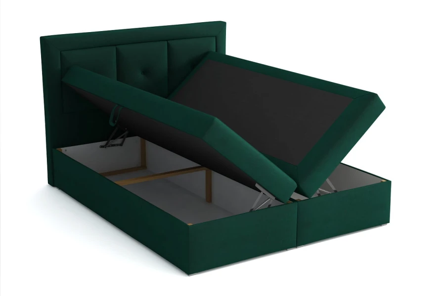 Grünes Boxspringbett mit geöffneten Bettkästen für zusätzlichen Stauraum.