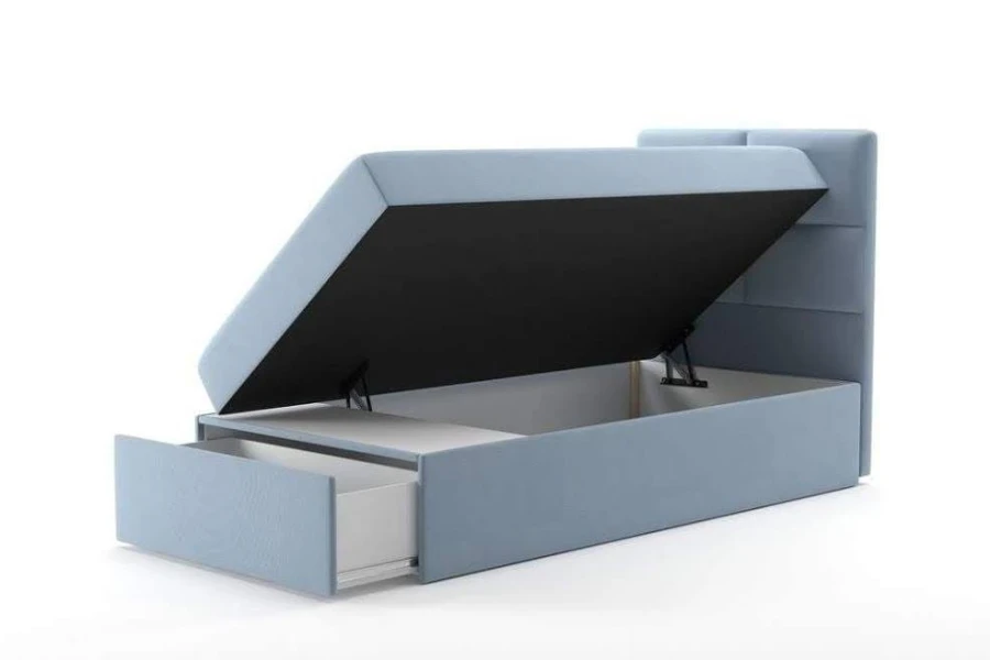 Blaues Einzelbett mit aufklappbarem Lattenrost und Stauraumschublade