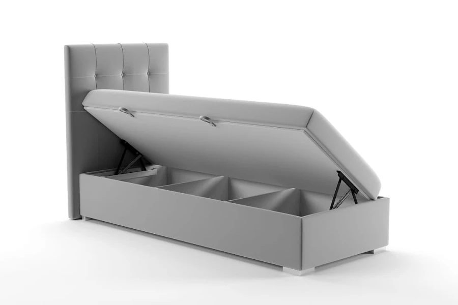 Modernes Bett in Grau mit praktischer Stauraumfunktion und Kopfteil.