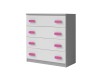 Schubladenkommode in Weiß und Grau mit vier rosa Griffen.