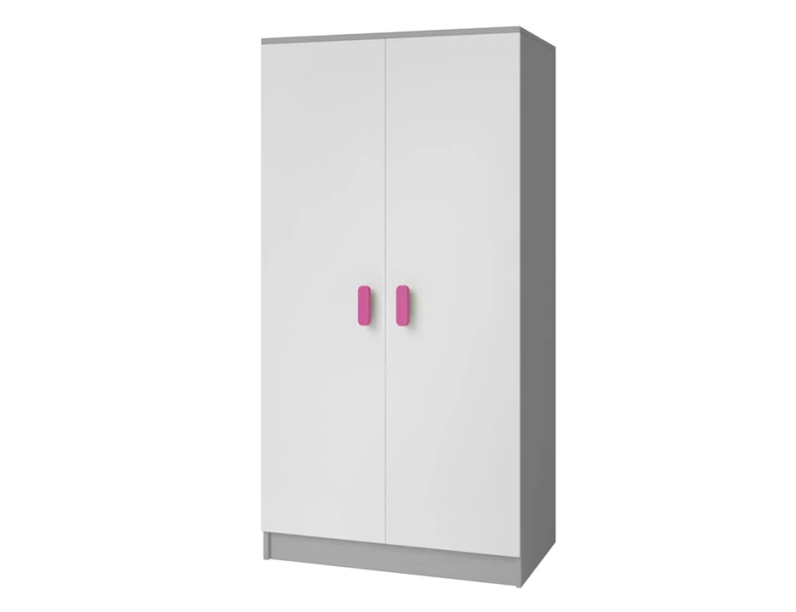 Zweitüriger Kleiderschrank in Grau und Weiß mit pinken Griffen.
