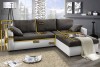 Graues Ecksofa mit weißem Korpus und detaillierten Maßangaben.
