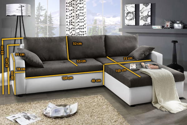 Graues Ecksofa mit weißem Korpus und detaillierten Maßangaben.