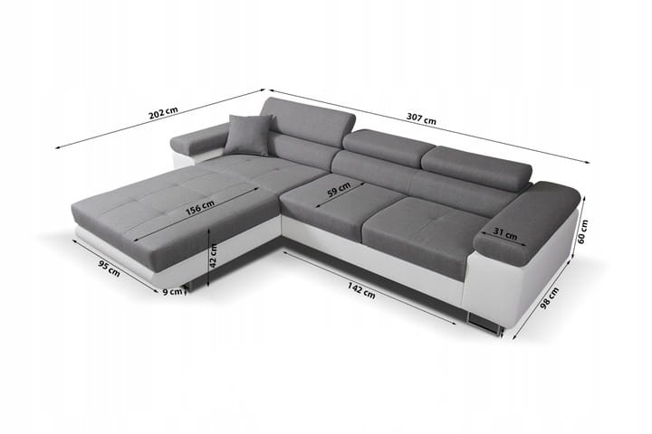 Maßskizze eines großen Ecksofas in Grau und Weiß auf weißem Grund.