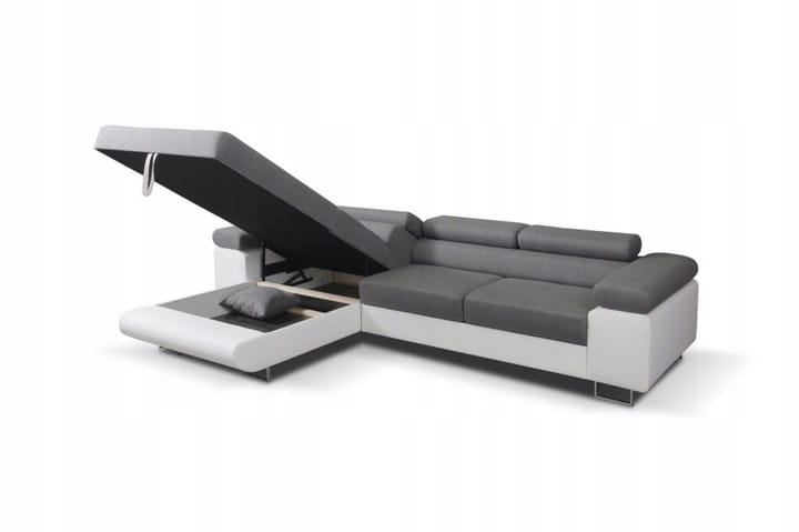Ecksofa in Grau-Weiß mit offenem Bettkasten und integriertem Stauraum.