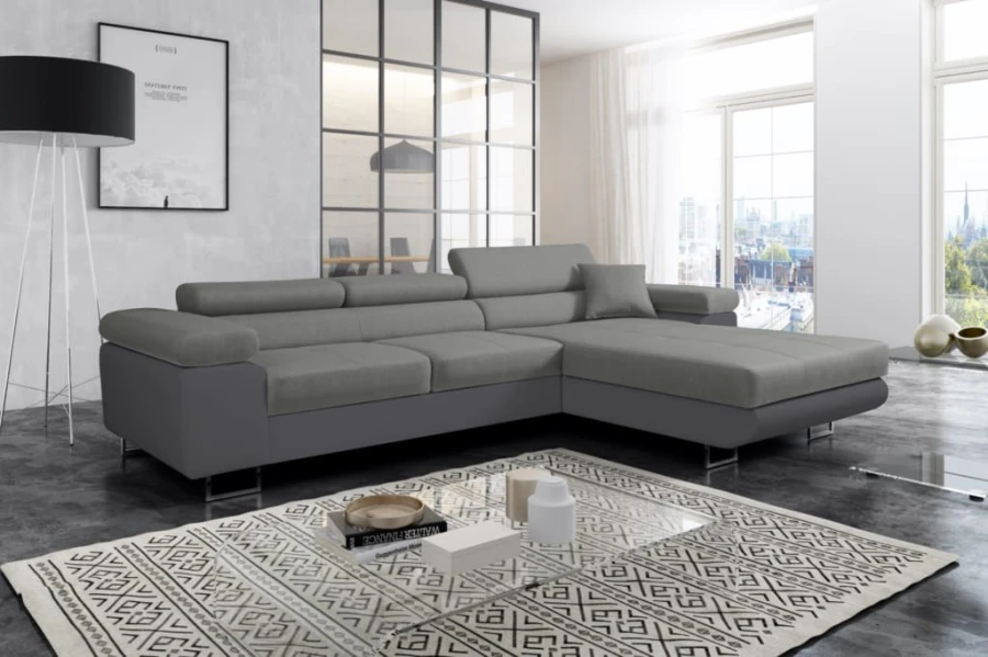 Modernes L-Form Sofa in verschiedenen Grautönen mit verstellbaren Nackenstützen.