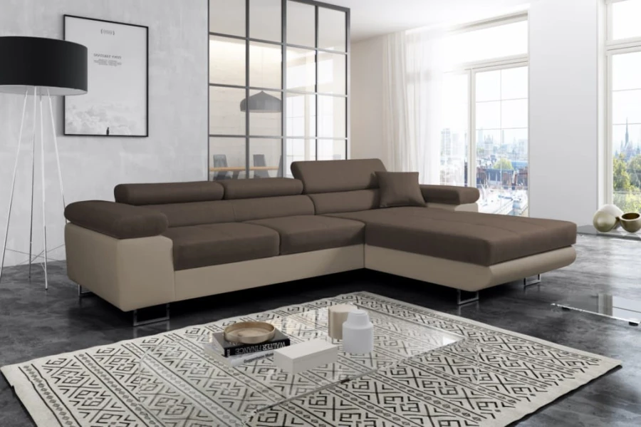 Moderne braune Wohnlandschaft mit Metallfüßen und gemütlichen Rückenkissen.