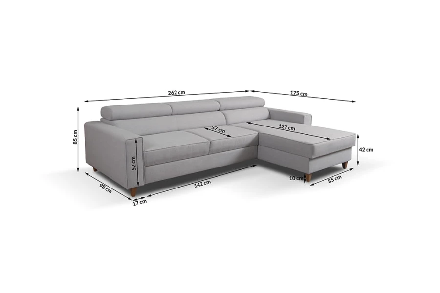 Maßskizze eines grauen Ecksofas mit detaillierten Zentimeterangaben.