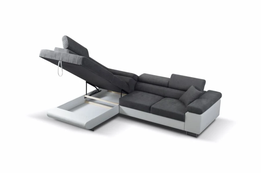 Grau-weißes Ecksofa mit Bettkasten und Stauraum, aufgeklappt.