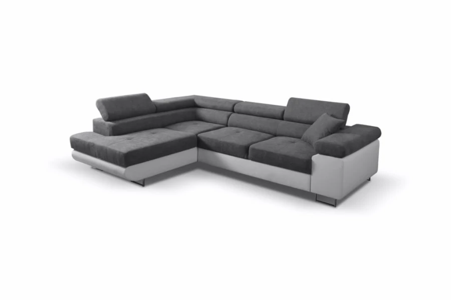 Stilvolles graues Ecksofa mit weißem Korpus und verstellbaren Kopfstützen.