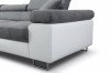 Modernes Ecksofa Detail: Grauer Stoffbezug, weißes Kunstleder und stabile Metallfüße.